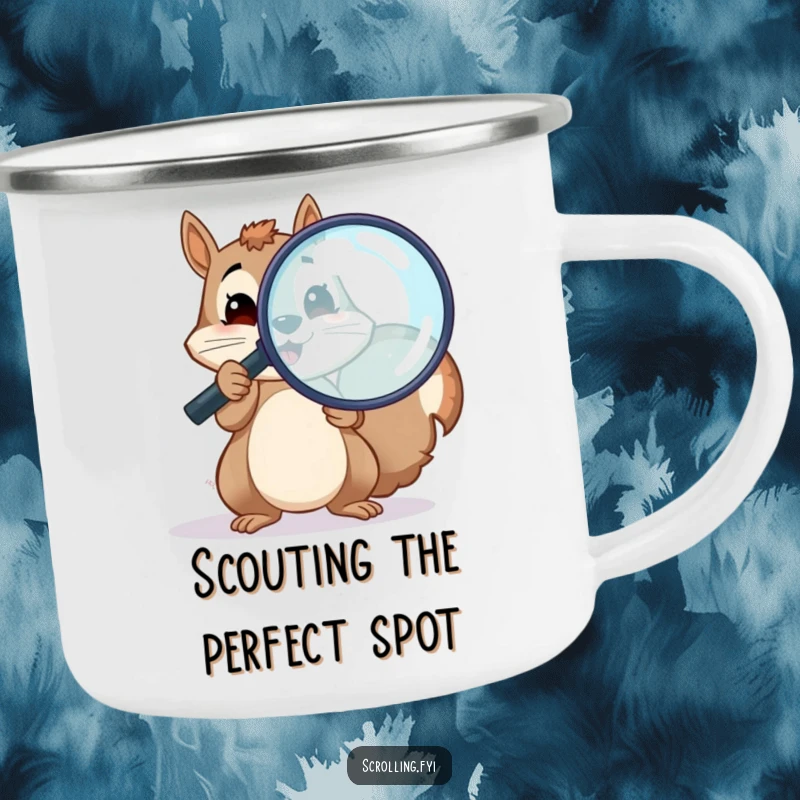Funny enamel camping mug with a cheerful squirrel holding a magnifying glass over a screen, a rugged funny gift.