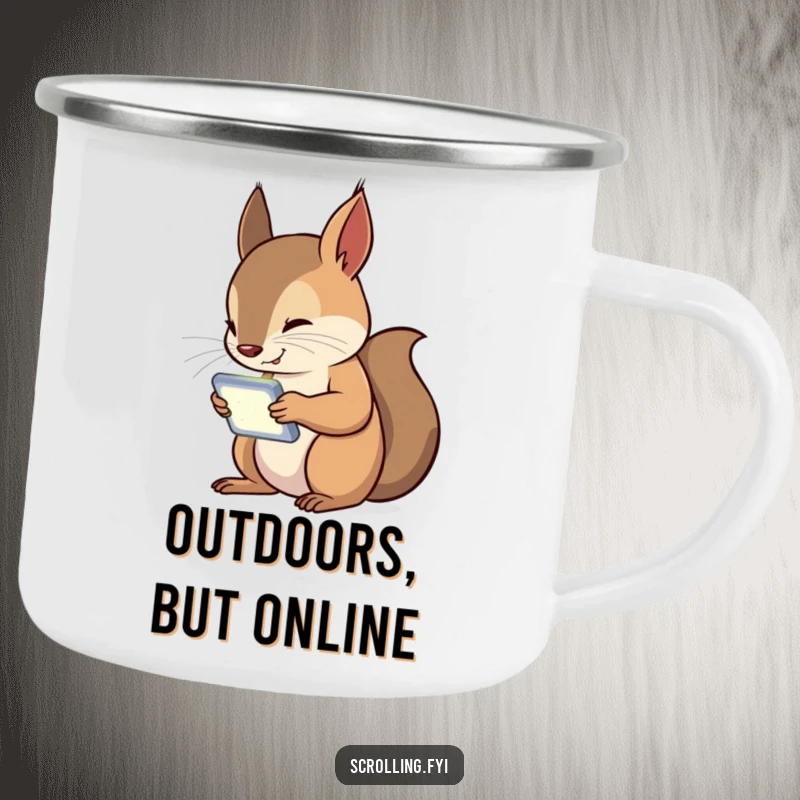 Funny Squirrel Camping Mug showing a curious squirrel intently focused on its handheld device, perfect for outdoor tech humor.