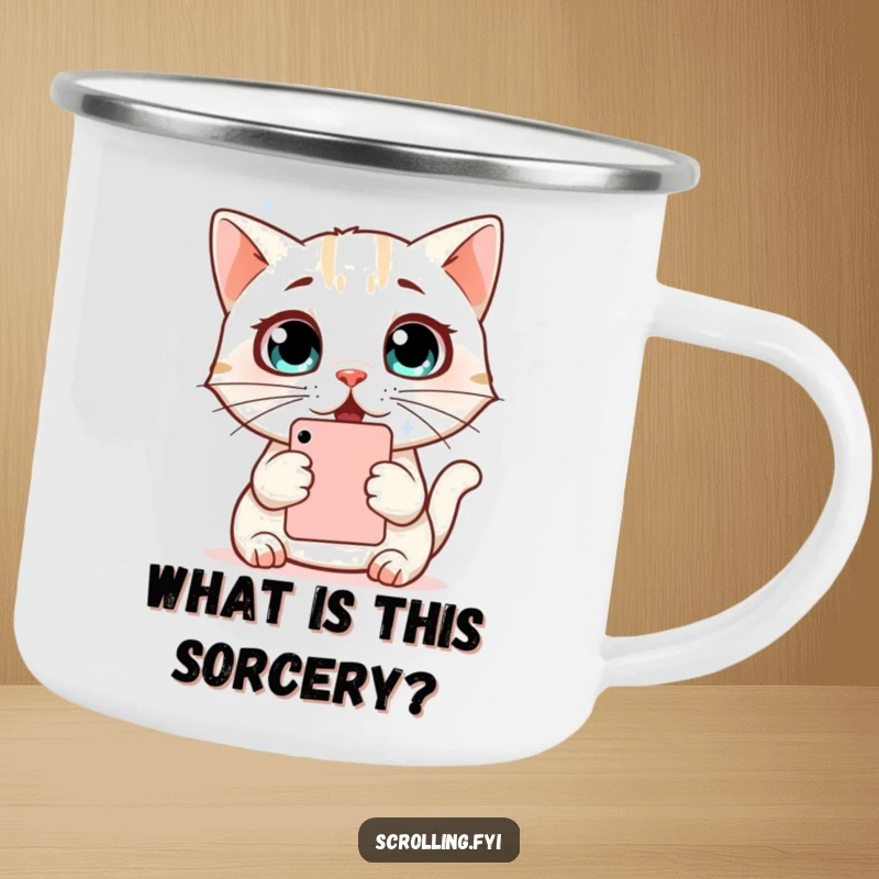 Funny Cat Camping Mug: Durable enamel mug with a surprised cat staring at a phone, ideal for outdoor adventures, humor, gift.
