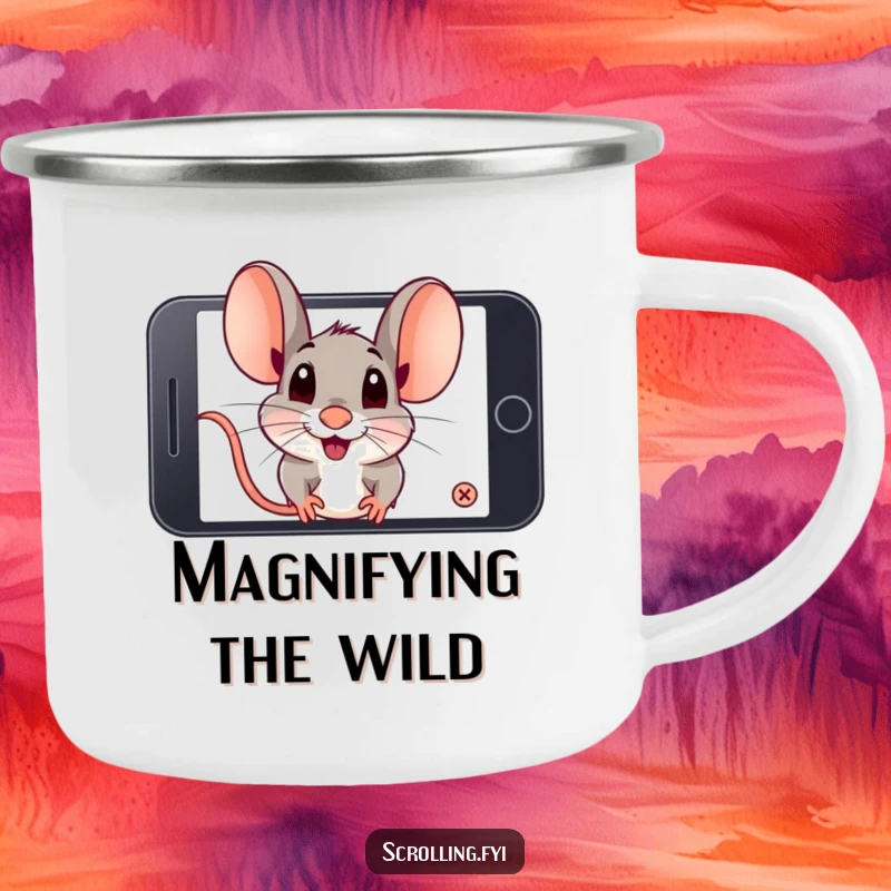 Funny playful mouse intensely zooming in on a smartphone screen in an outdoor setting. Sturdy funny camping mug.
