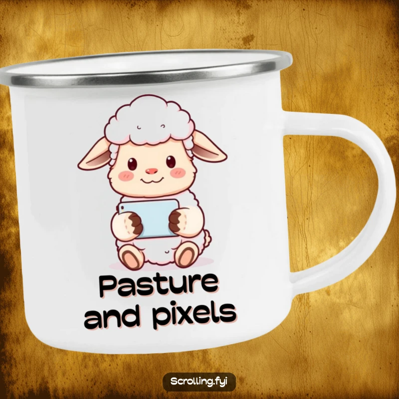 Funny sheep camping mug showing a content sheep holding a phone horizontally, watching a video serenely.