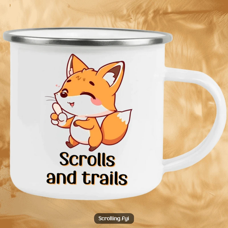 Funny enamel camping mug with a happy fox character scrolling, a durable and funny gift for adventurers.