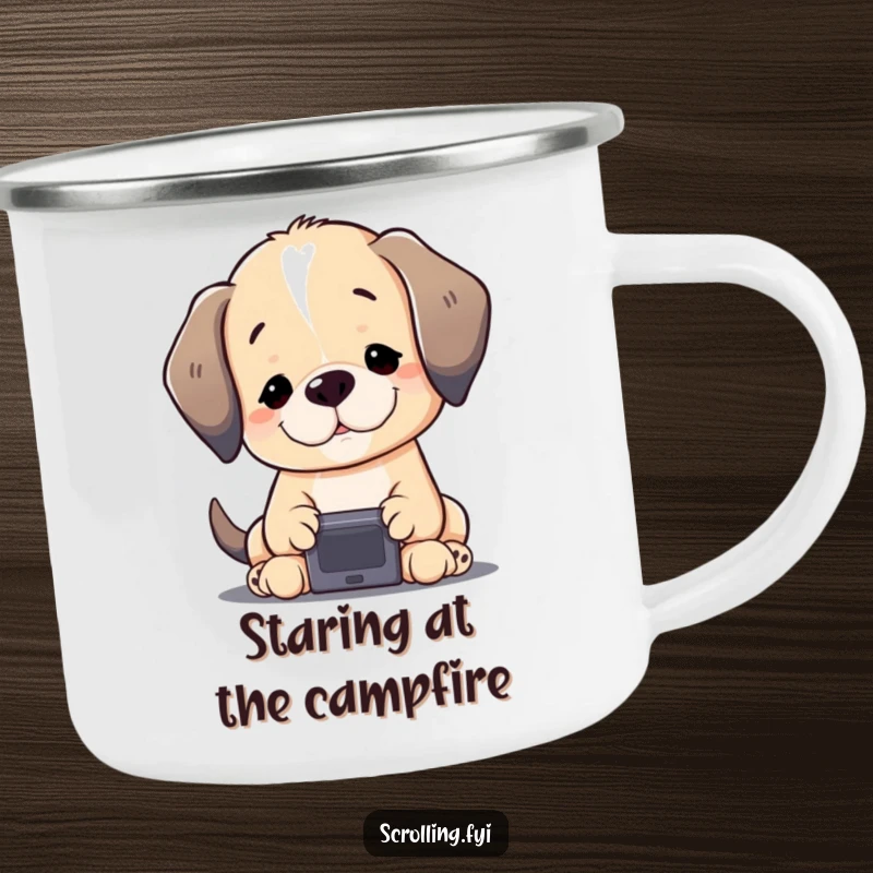 Funny Puppy Camping Mug: A contented puppy gazing at a screen, perfect for outdoor tech enthusiasts, a durable and humorous mug.