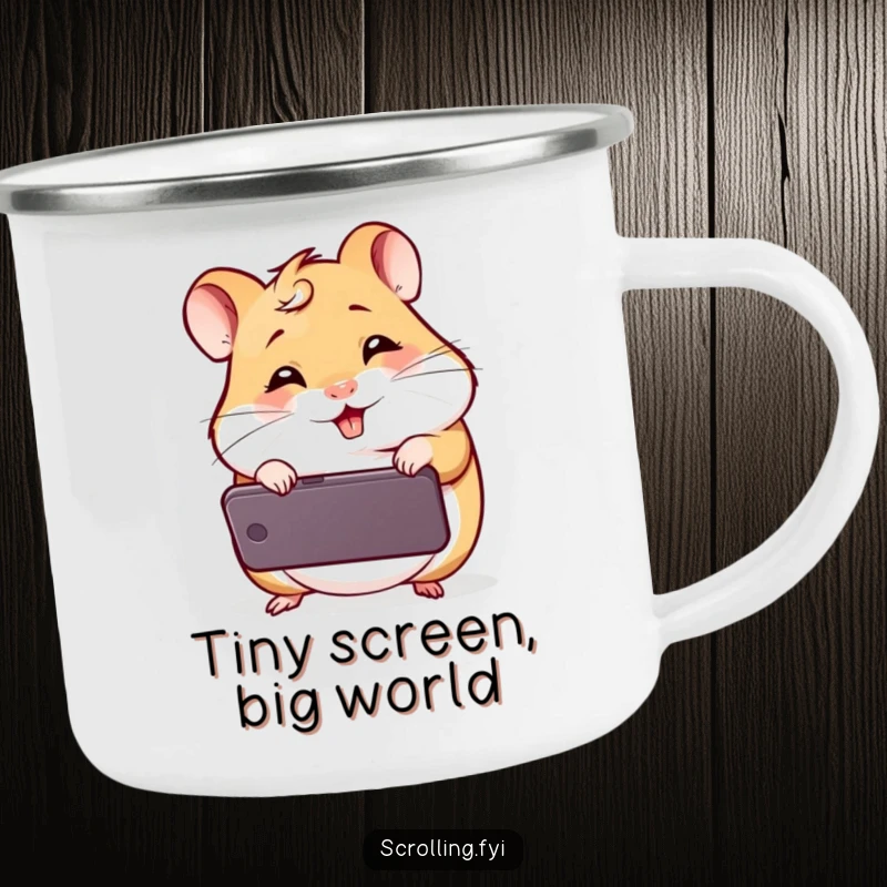 Funny Giggling Hamster Camping Mug: A sturdy enamel mug showing a delighted hamster engrossed in a smartphone, perfect for rugged humor.