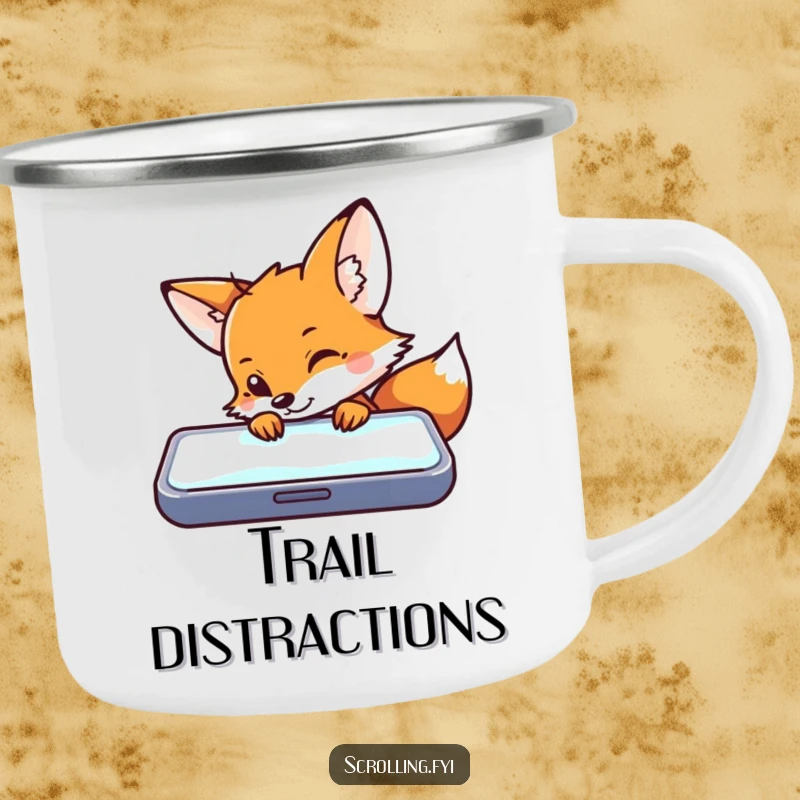 Funny camping mug showing a fox peeking at a glowing smartphone, ideal for outdoor tech lovers.