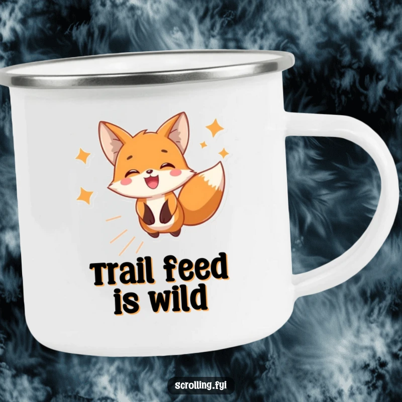 Funny camping mug with a joyful fox scrolling on a phone, combining outdoor durability with tech-related humor for gift-givers.