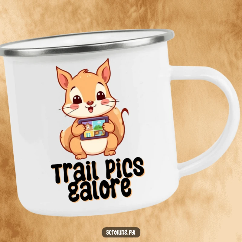 Funny camping mug showing an excited squirrel rapidly swiping through images on a tablet. Durable and humorous for outdoor tech enthusiasts.