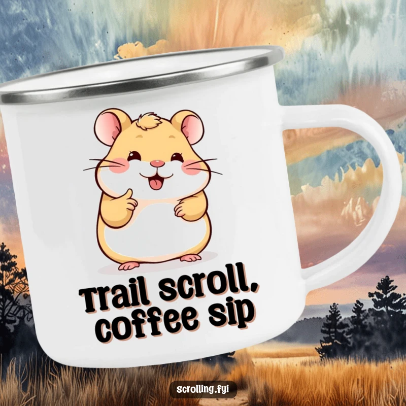 Funny Hamster Camping Mug: Sturdy mug showing a happy hamster scrolling a glowing screen, perfect for outdoor techies.
