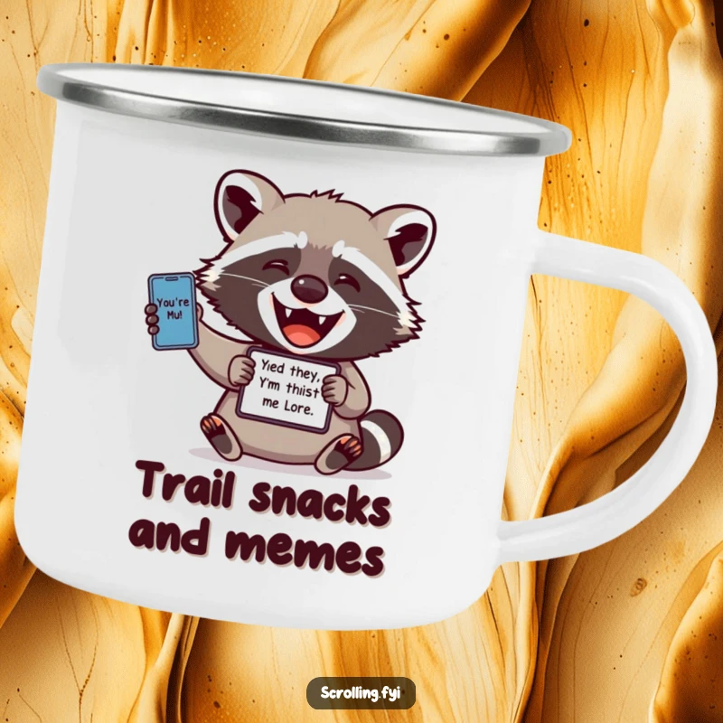 Funny camping mug: A delighted raccoon pauses its outdoor exploration to share a funny meme from its device, embracing nature and tech.