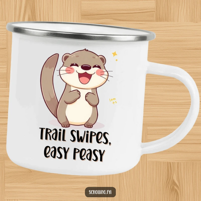 Funny camping mug with a joyful otter swiping across a virtual interface, celebrating tech on the go.