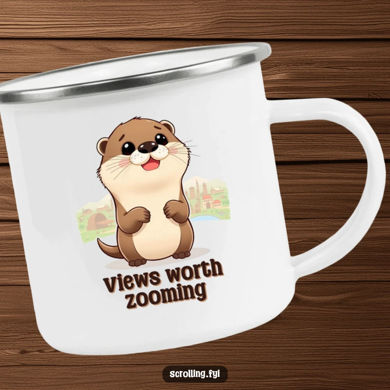 Funny Otter Camping Mug showing a delighted otter zooming out to see a whole panorama, perfect for outdoor use.