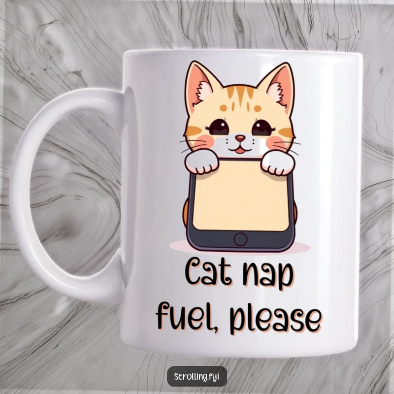 Funny cat mug shows a cute cat peeking over a giant smartphone screen, a humorous take on digital life.