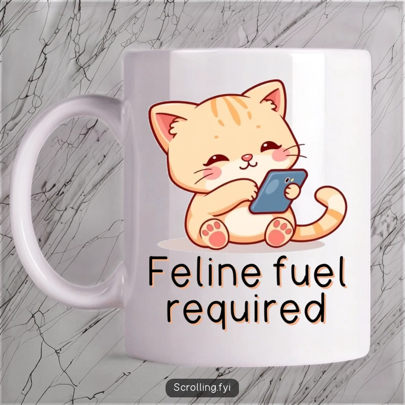 Funny mug showing a cute cat intently holding a smartphone, its paw actively swiping down the screen, mimicking human tech habits.