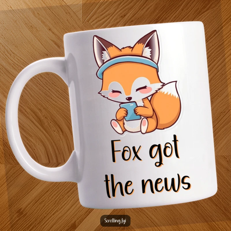 Funny mug featuring a happy fox smiling widely while engrossed in its smartphone screen, portraying digital delight.