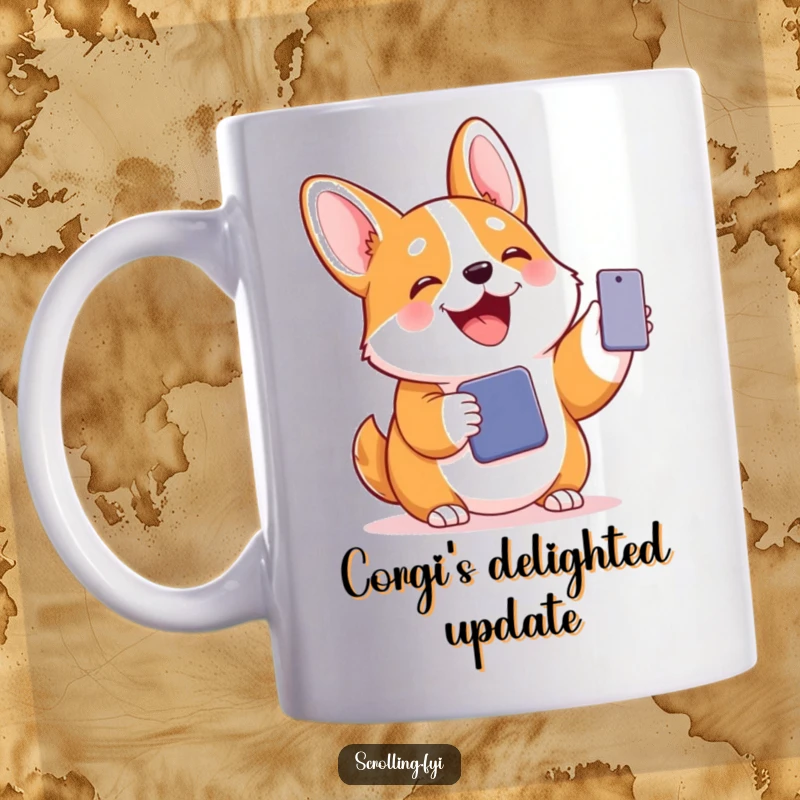 Funny mug with a joyful corgi happily holding a smartphone, showcasing a delightful and tech-savvy personality.