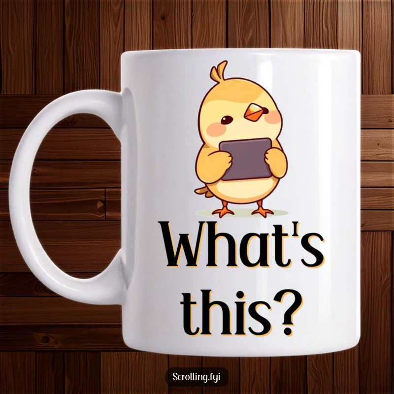 Funny Curious Bird Watching Device Mug: An illustration of a small bird tilting its head, intently focused on a glowing electronic device screen.