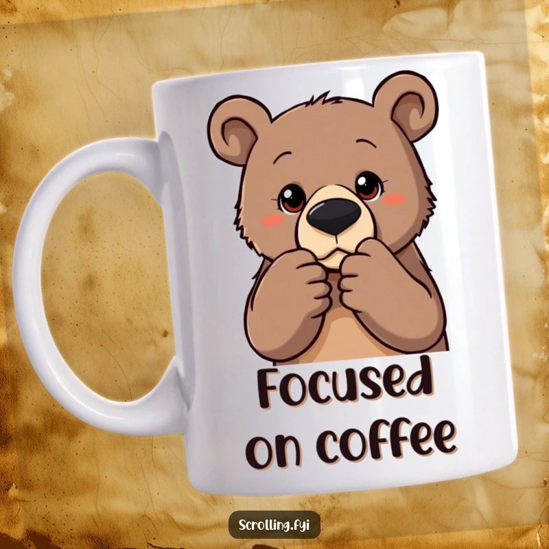 Funny mug showing a determined bear intently zooming in on a photo with a focused expression, ideal for photography enthusiasts.