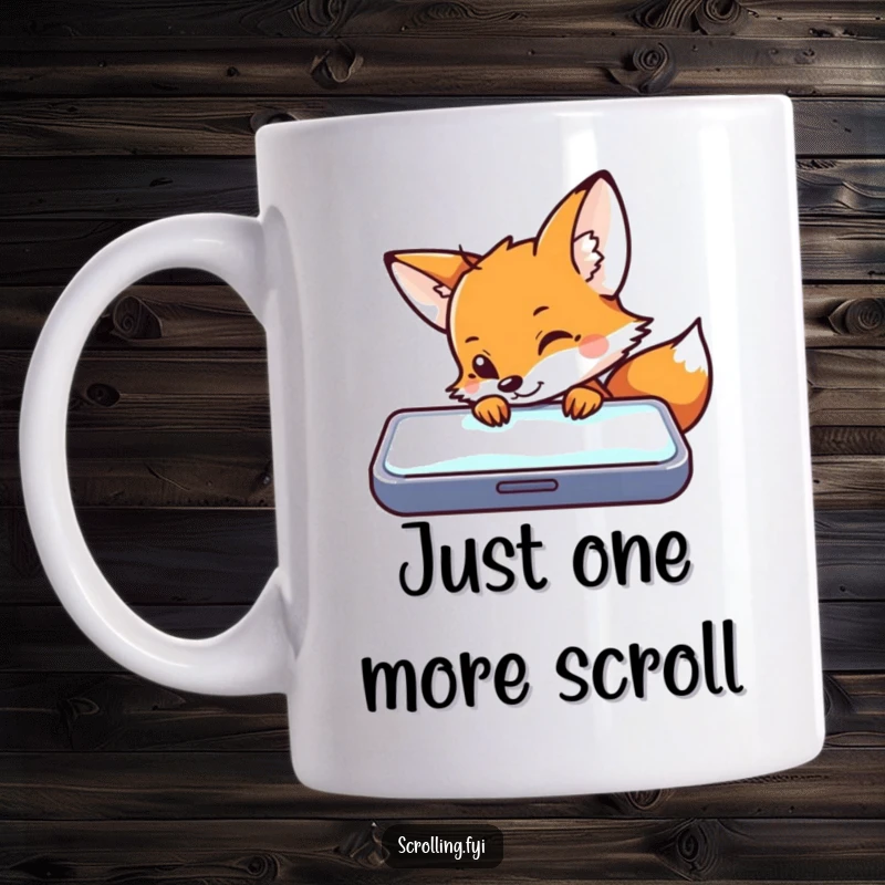 Funny mug with a curious fox peeking over a glowing smartphone, showcasing a love for technology and a hint of mischief.