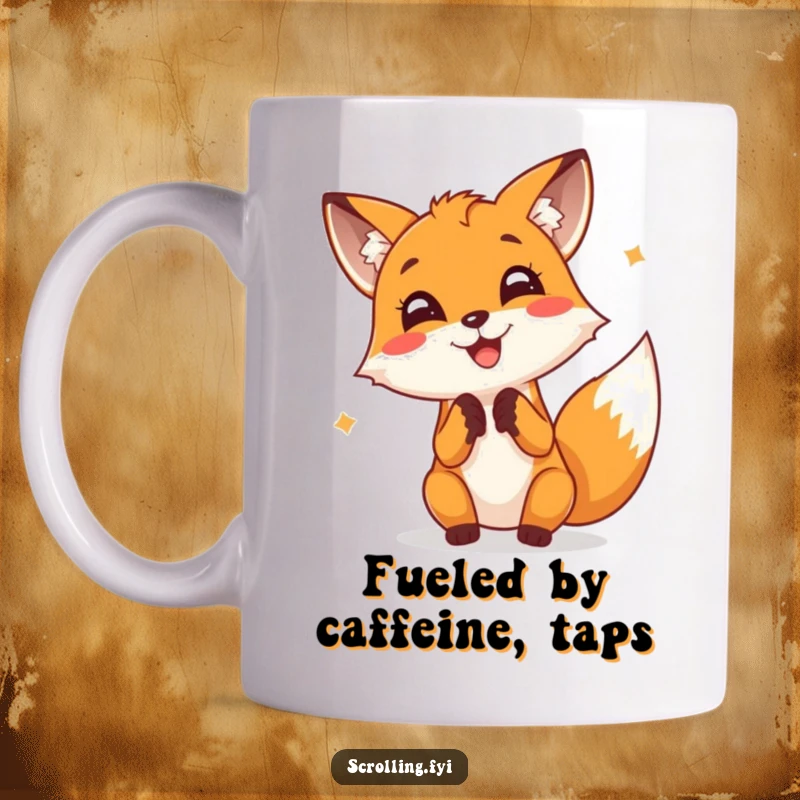 Funny Fox Mug: A cheerful fox joyfully taps furiously on a screen, embodying intense focus and happiness.