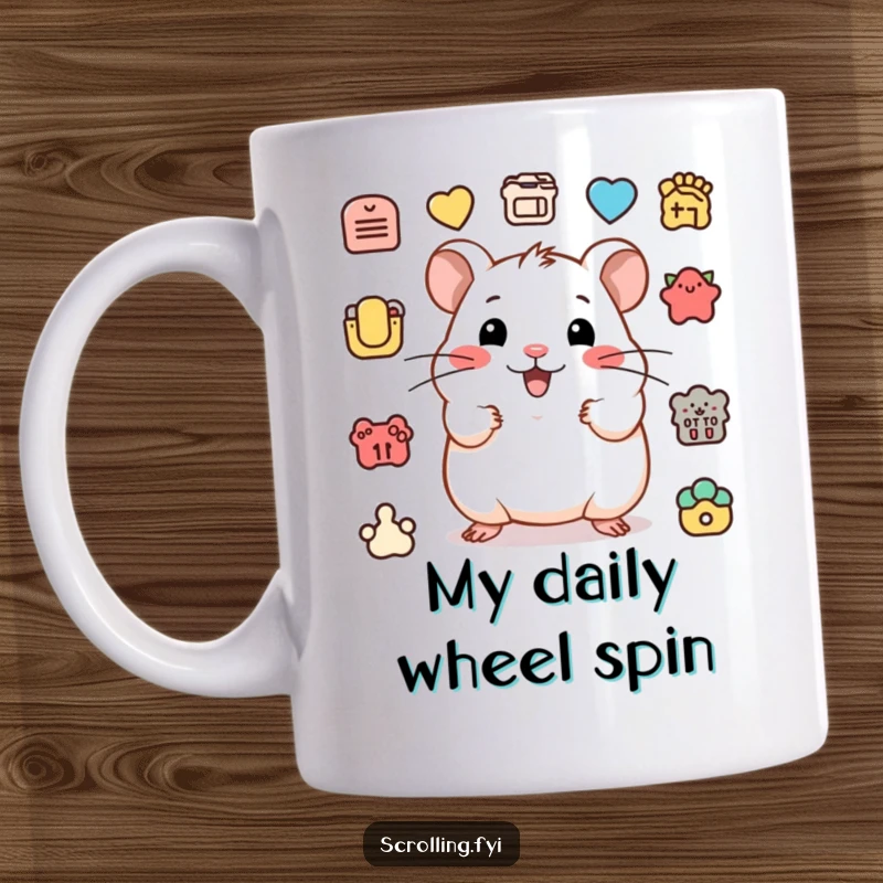 Funny mug with a happy hamster actively clicking various icons with energetic, quick movements.