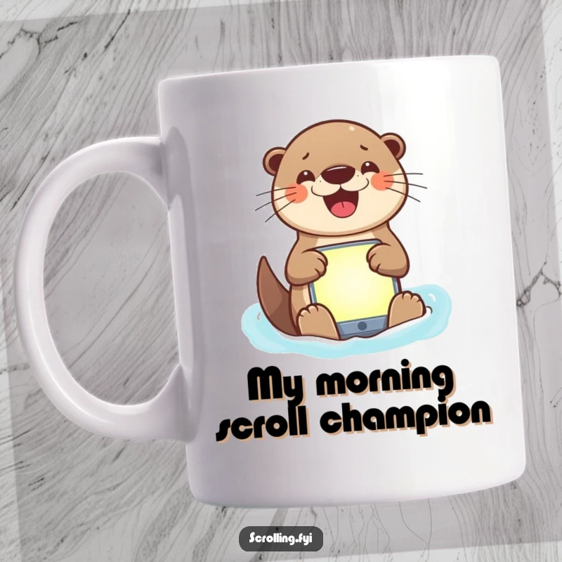 Funny mug with a smiling otter enthusiastically navigating a glowing app, showcasing a joyful and tech-addicted personality.