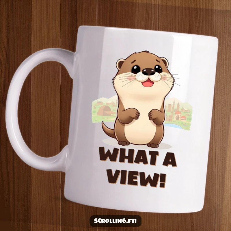 Funny Otter Mug showing a delighted otter zooming out to see a whole panorama, perfect for nature lovers.