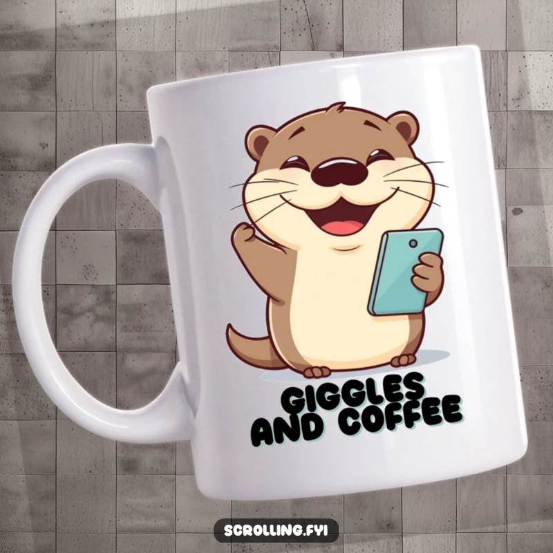 Funny otter mug shows a cheerful otter grinning widely while holding a phone, radiating happiness.