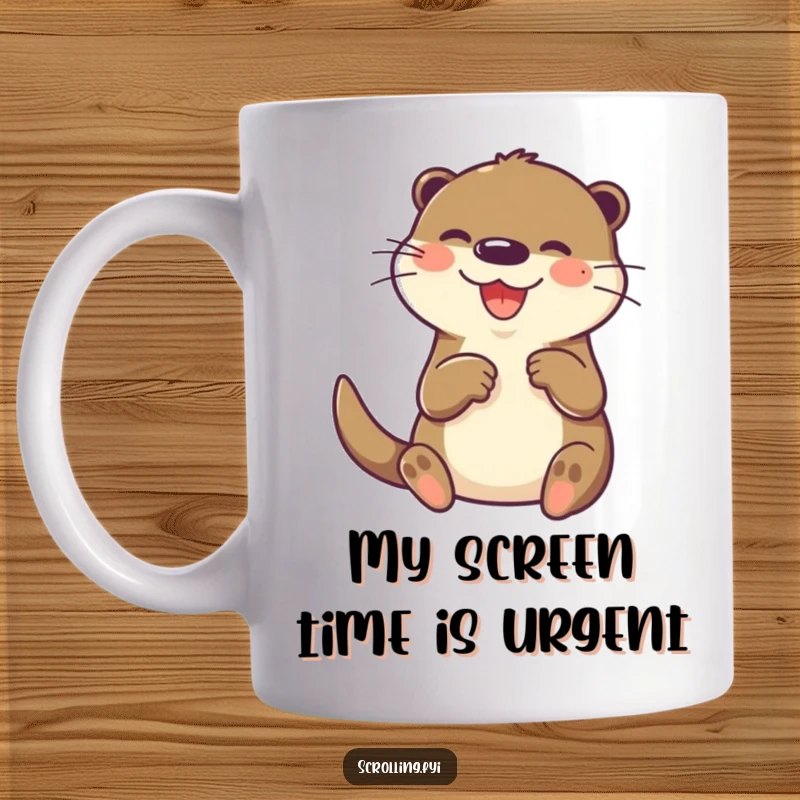 Funny otter mug, joyfully and rapidly tapping on a small screen with its paw, depicting tech obsession humor.