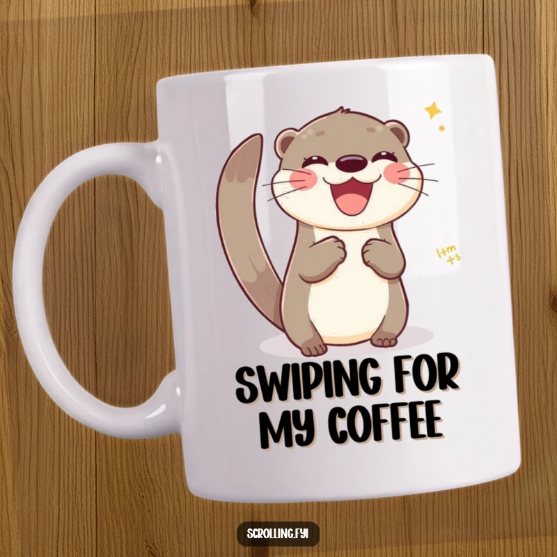 Funny mug with a joyful otter skillfully swiping across a virtual interface, showcasing digital prowess.