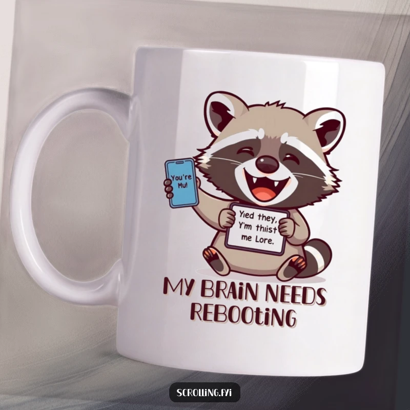 Funny mug: Delighted raccoon enthusiastically shares a viral meme from its phone, showcasing digital entertainment and joy.