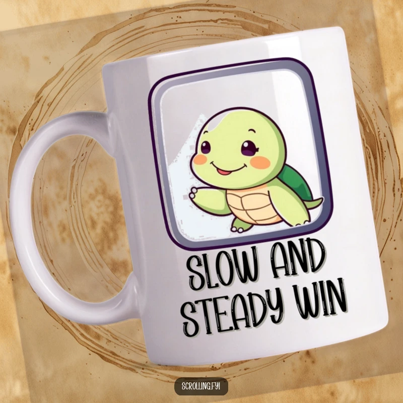 Funny Smiling Turtle Swiping Display Mug: A cheerful turtle character deliberately swiping its finger across a digital screen, embodying slow-paced humor.