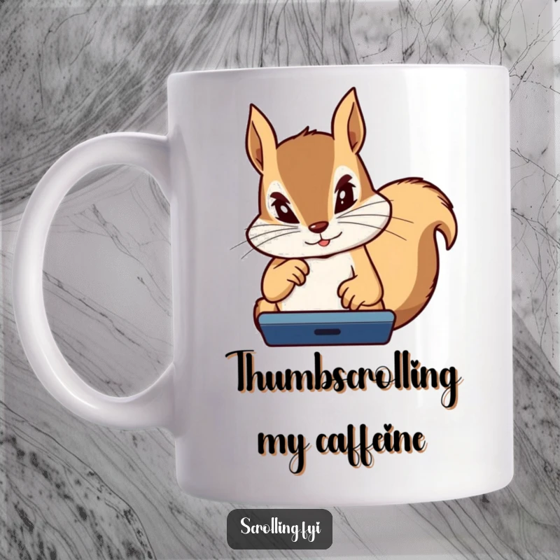 Funny Squirrel Mug: Determined squirrel with intense focus, thumbs flying rapidly on a gaming device, embodying gamer concentration.