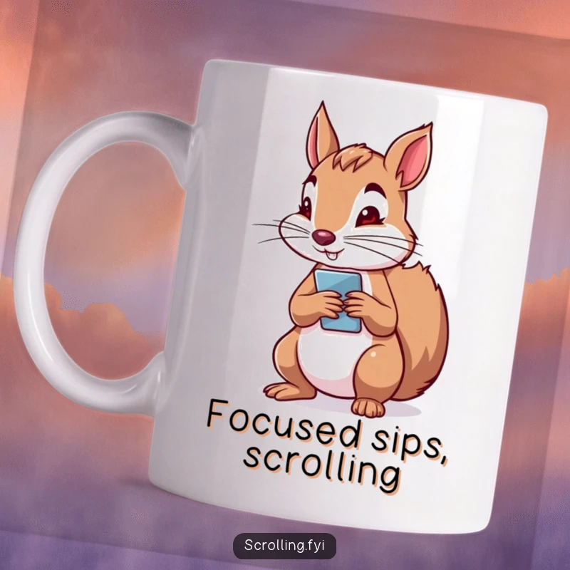 Funny mug featuring a determined squirrel holding a phone vertically, engrossed in scrolling with intense focus.