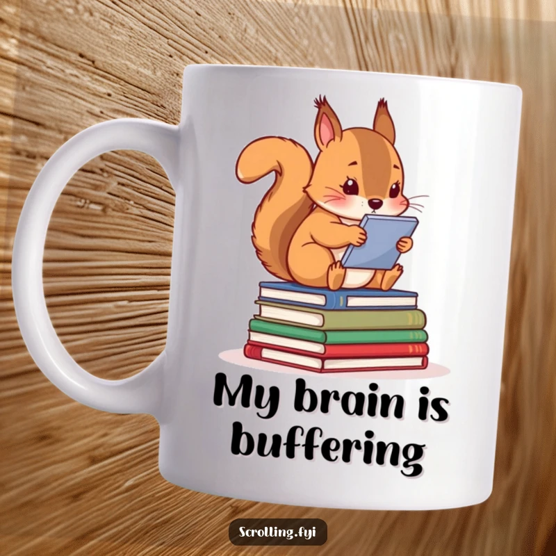 Funny squirrel reads intently on a screen, perched atop a stack of books, hilariously engrossed in digital content.