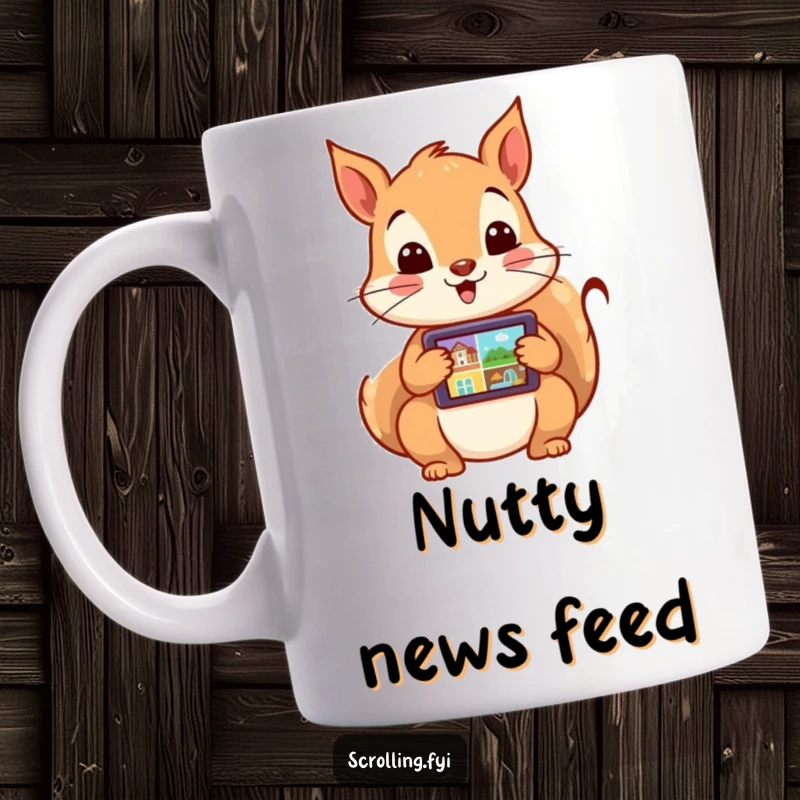 Funny mug featuring an excited squirrel rapidly swiping through images on a tablet screen. Captures the thrill of digital discovery.