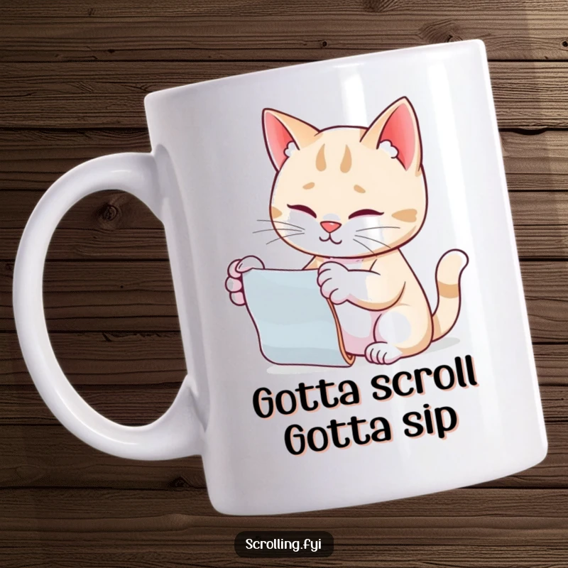 Funny cat mug, engrossed in scrolling, paw outstretched, depicting feline internet addiction humorously.