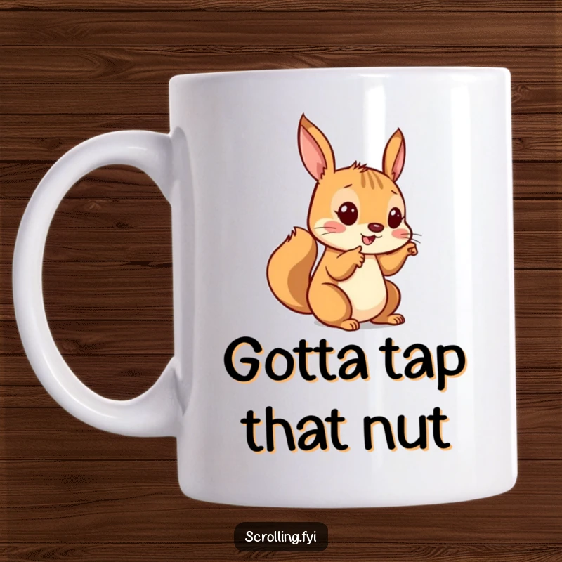 Funny mug showing a playful squirrel excitedly tapping a smartphone screen with its tiny finger, great for tech lovers.