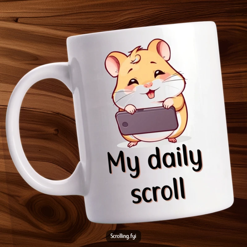 Funny Giggling Hamster Mug: A cute hamster peeking at a phone screen, captured in a moment of hilarious digital discovery.
