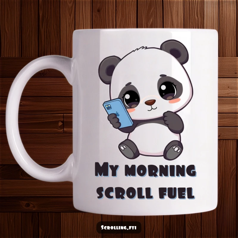 Funny mug with a cute panda holding a smartphone, eyes glued to the screen, showcasing tech obsession with adorable charm.