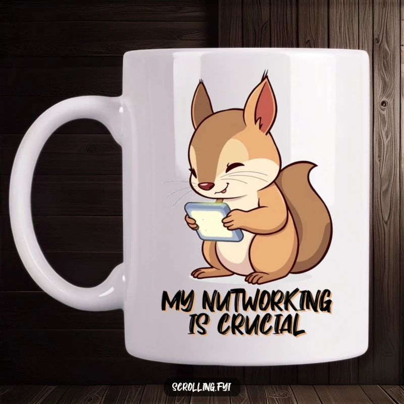 Funny Squirrel Mug showing a curious squirrel intensely focused on its glowing handheld device, embodying tech addiction humor.
