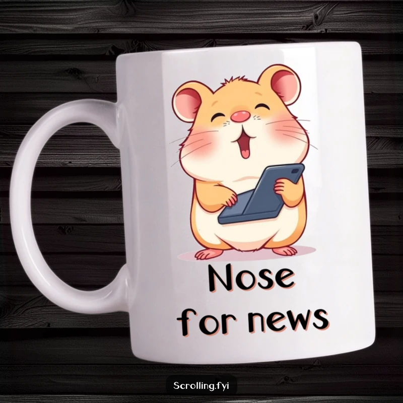 Funny mug showing a silly hamster precariously balancing a smartphone on its nose while rapidly scrolling.