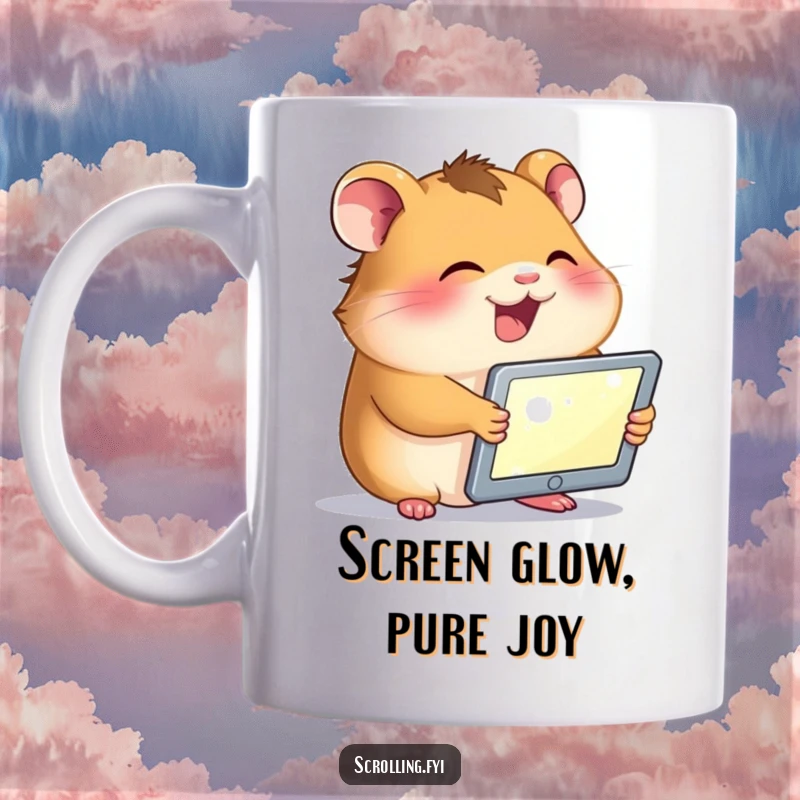 Funny mug showing a small, giggling hamster enthusiastically holding a tablet, its face brightly illuminated by the screen's glow.