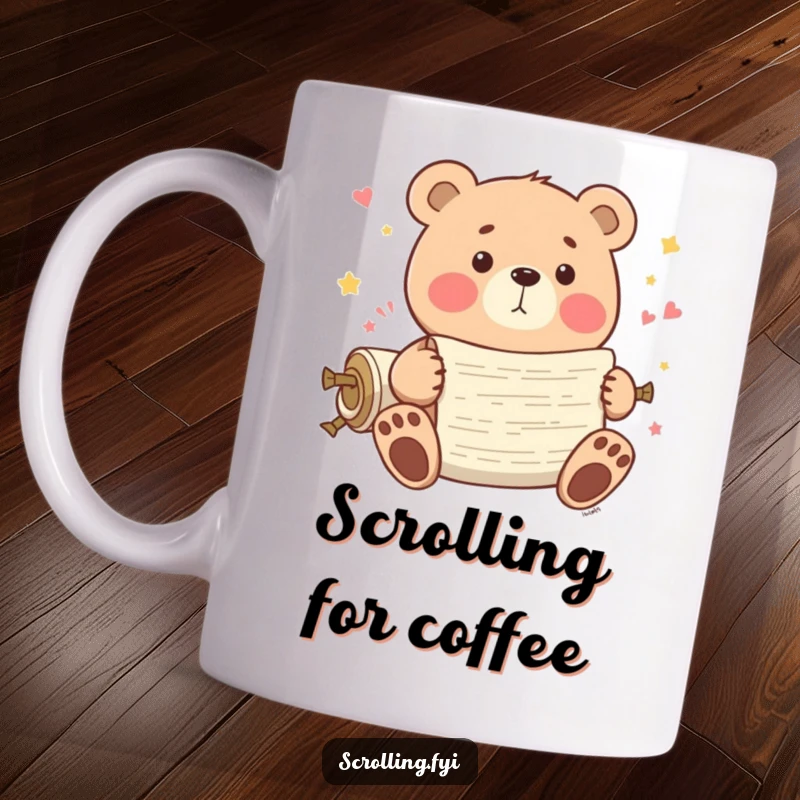 Funny Bear Mug: A playful bear gleefully scrolls through endless content on a device, embodying digital delight.