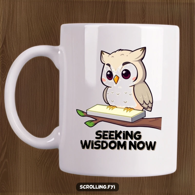 Funny Owl Mug: Curious owl engrossed in tapping a glowing screen, celebrating modern tech obsession, a humorous gift.