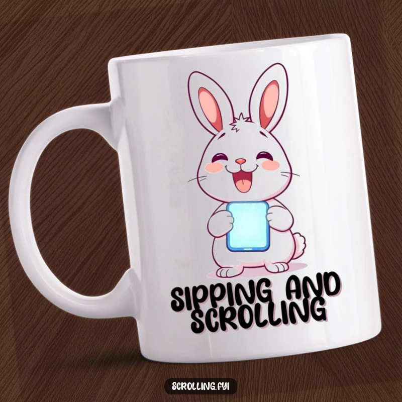 Funny Rabbit Mug: A delighted rabbit beams with joy while holding a glowing mobile phone.
