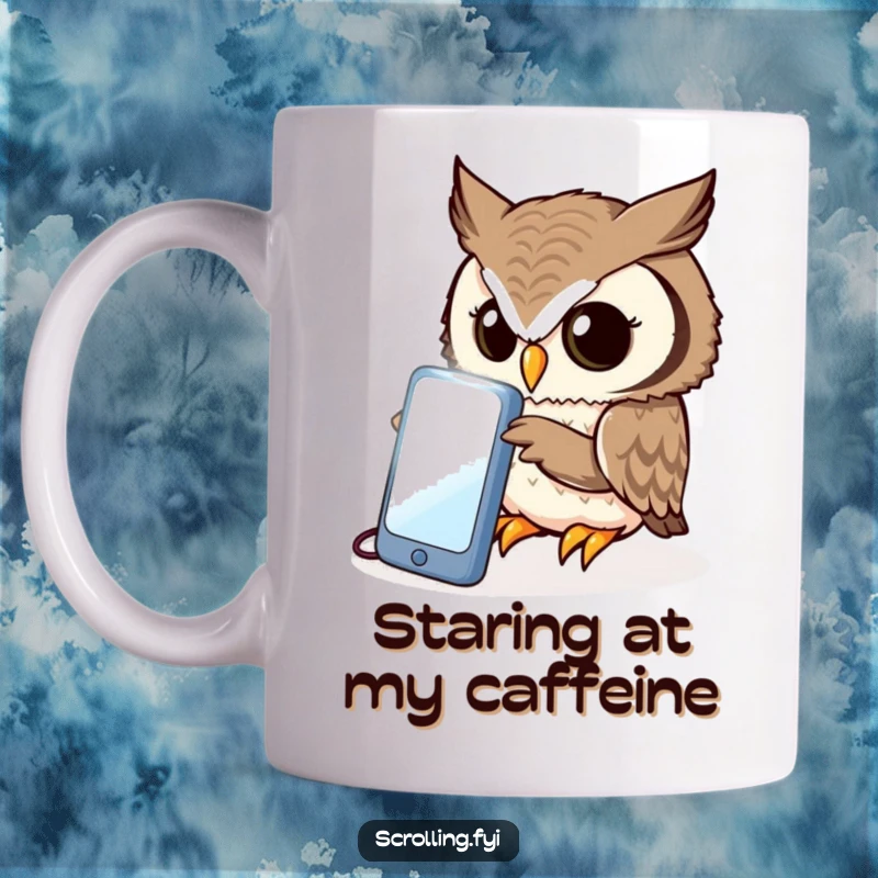 Funny owl mug, curiously peering intently at a bright, illuminated phone screen, showcasing digital fascination.