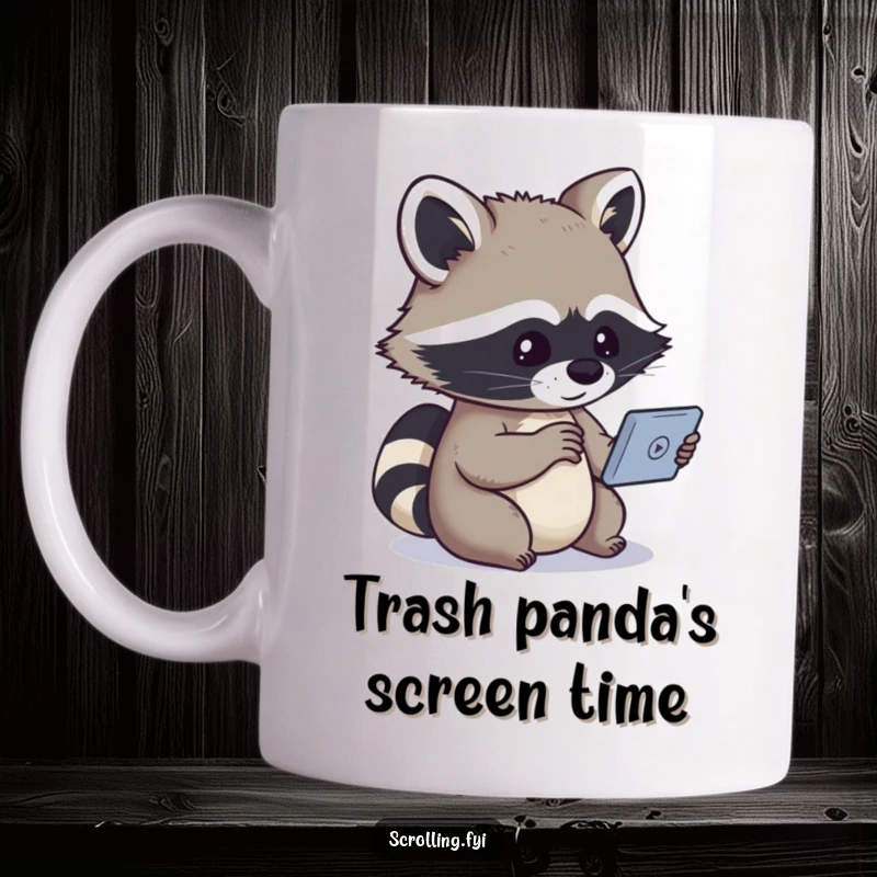 Funny mug featuring a curious raccoon intently watching a video on a small device with wide-eyed fascination.