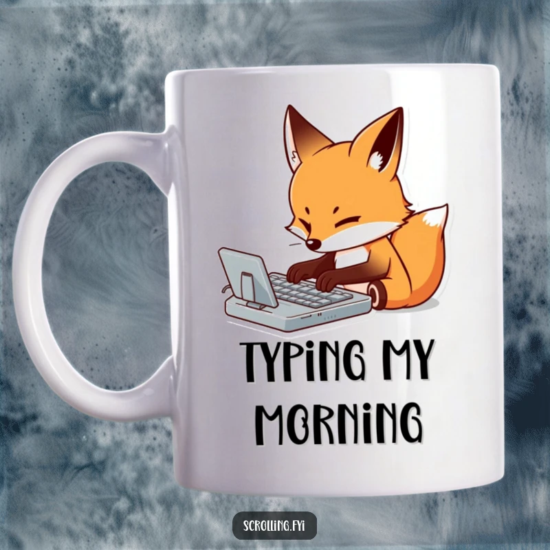 Funny mug depicting a determined fox with intense focus, meticulously typing on a virtual keyboard, embodying digital dedication.