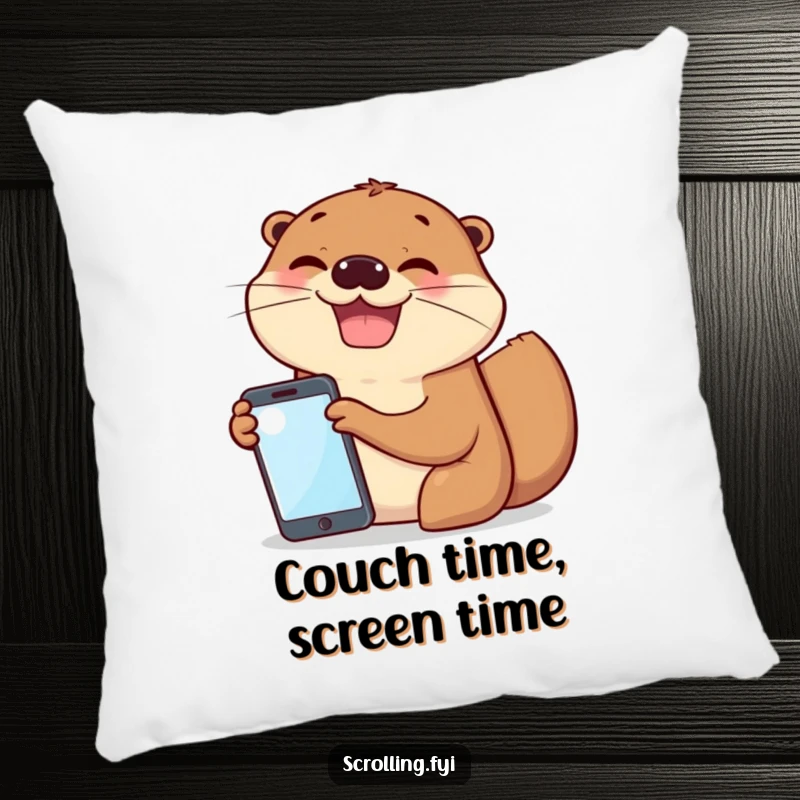Funny pillow featuring cheerful otters sharing a mobile screen with big grins, perfect for friendship-themed comfort.
