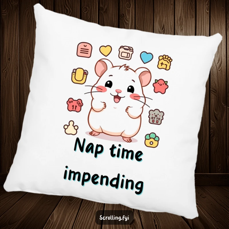 Funny pillow with a happy hamster clicking icons, embodying a humorous and energetic yet relaxed mood.